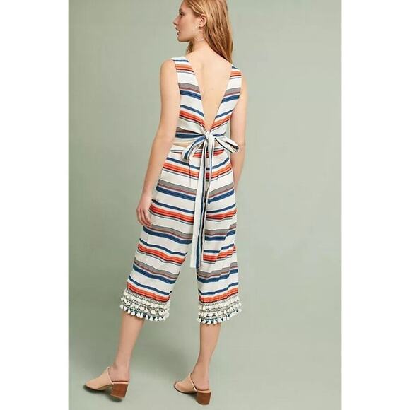 NWT Anthropologie Jumpsuit Linen Striped Sleeveless Cropped Pockets size Large - Picture 3 of 8